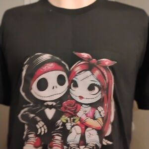 Black Graphic T-Shirt with Skeleton Couple Design